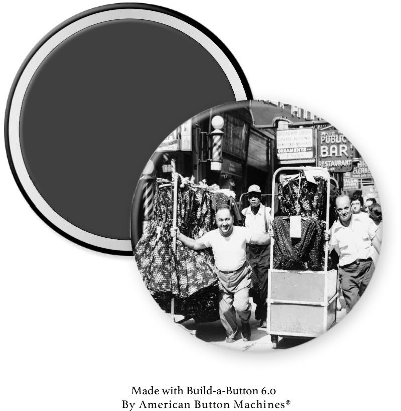 Men Pushing Clothing Racks in Garment District NYC 1980s Magnet - Magnets and Memories