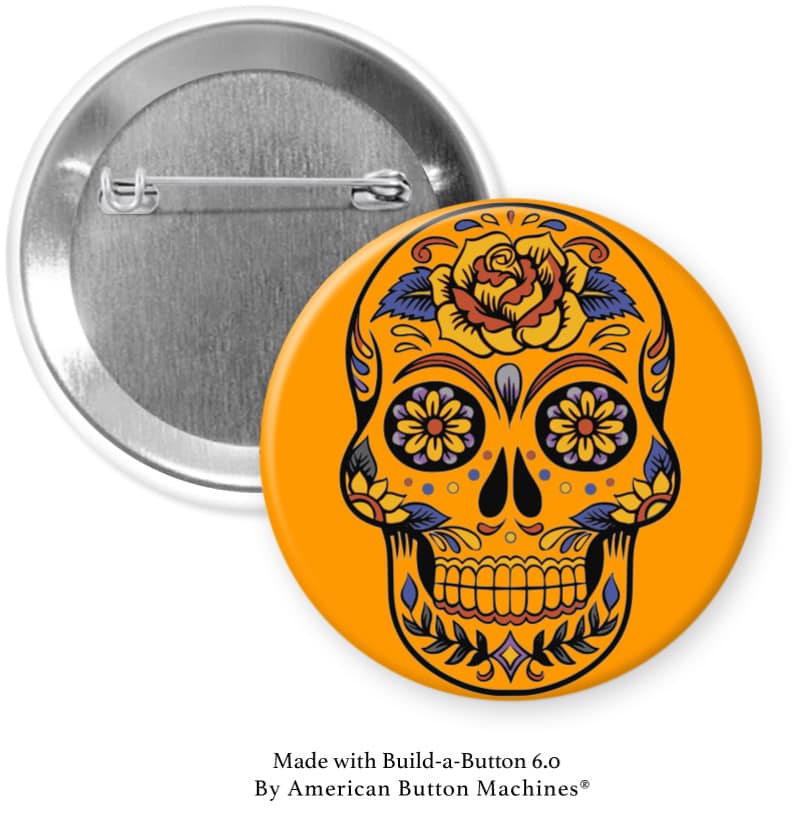Colorful Skull Orange Pinback - Magnets and Memories