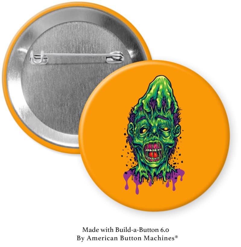Green Pointy Head Zombie on Orange Pinback - Magnets and Memories