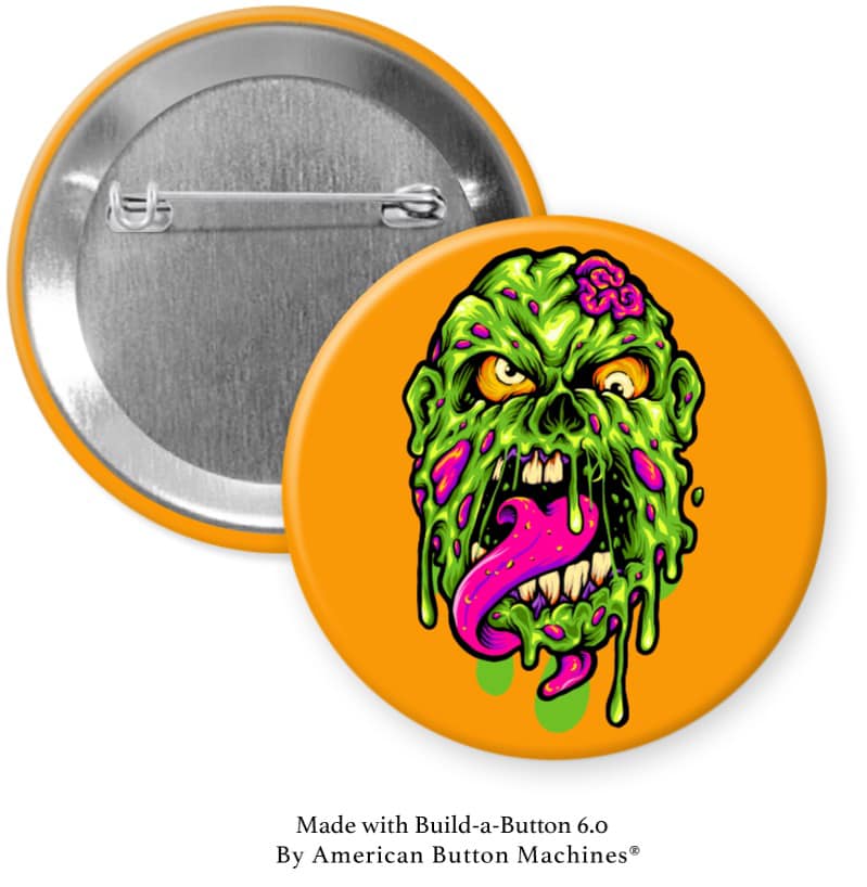 Green Zombie on Orange Pinback - Magnets and Memories