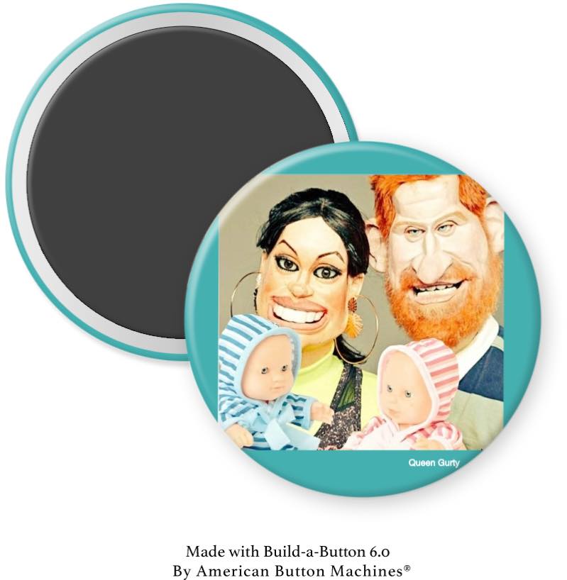Megan and Harry with Two Dolls Caricature Magnet - Magnets and Memories