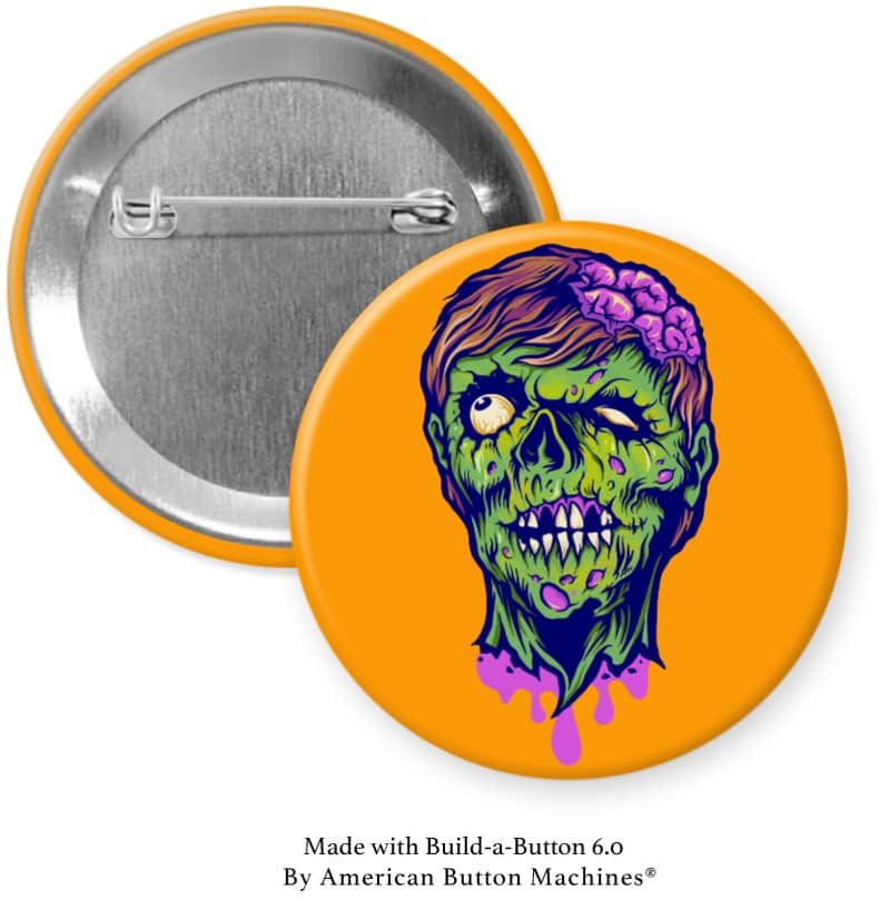 Purple and Green Zombie on Orange Pinback - Magnets and Memories