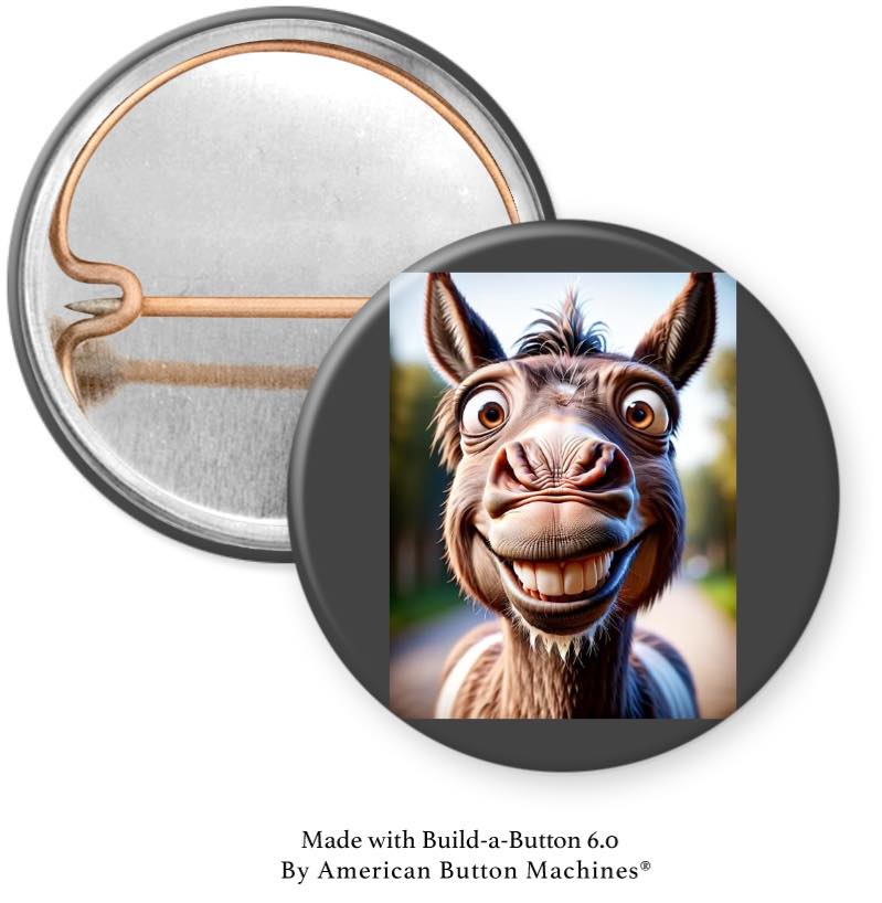 Smiling Toothy Donkey Pinback - Magnets and Memories