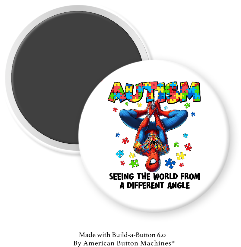 Spider-Man autism refrigerator magnet by Magnets and Memories, showcasing Spider-Man with a message about seeing the world differently.