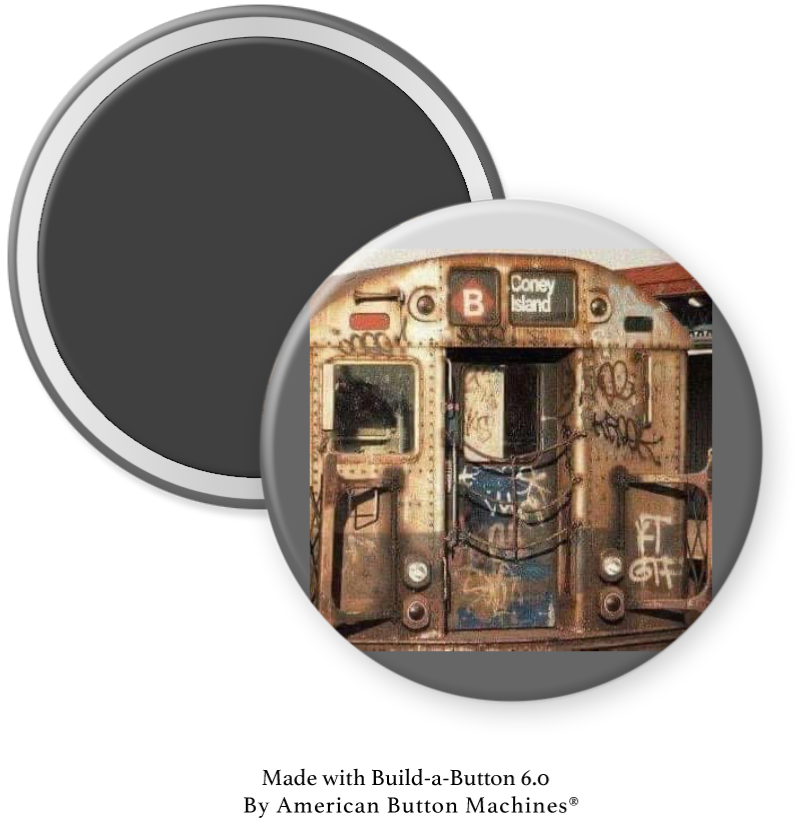 Refrigerator magnet featuring a B Train to Coney Island, NY, by Magnets and Memories, showcasing transit and Coney Island imagery.