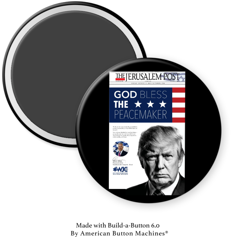 Refrigerator magnet from Magnets and Memories featuring "God Bless the Peacemaker" Jerusalem Post front page design.