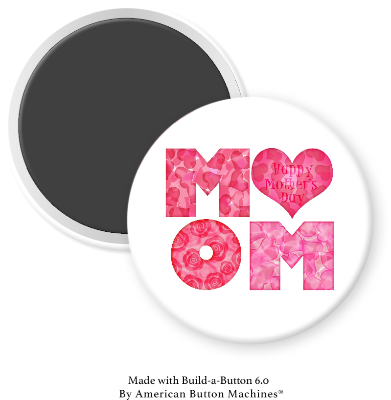 Pink refrigerator magnet with "Mom" design by Magnets and Memories, featuring a fancy decorative style.