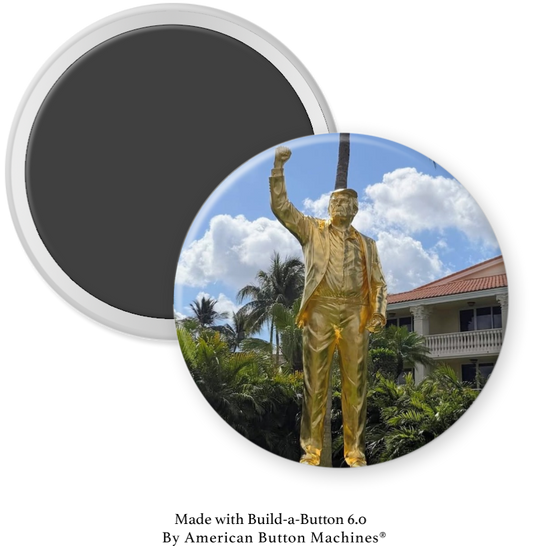 Gold President Trump statue fridge magnet at Doral Golf, detailed souvenir made by Magnets and Memories.