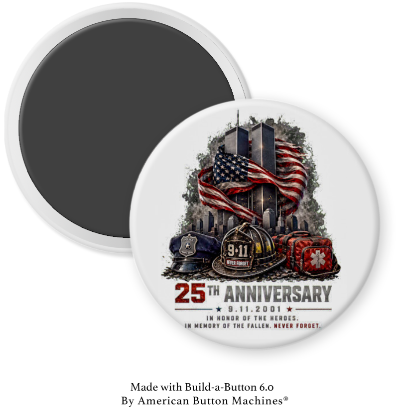 Refrigerator magnet featuring a 25th anniversary image of the 9/11 World Trade Center wrapped in an American flag by Magnets and Memories
