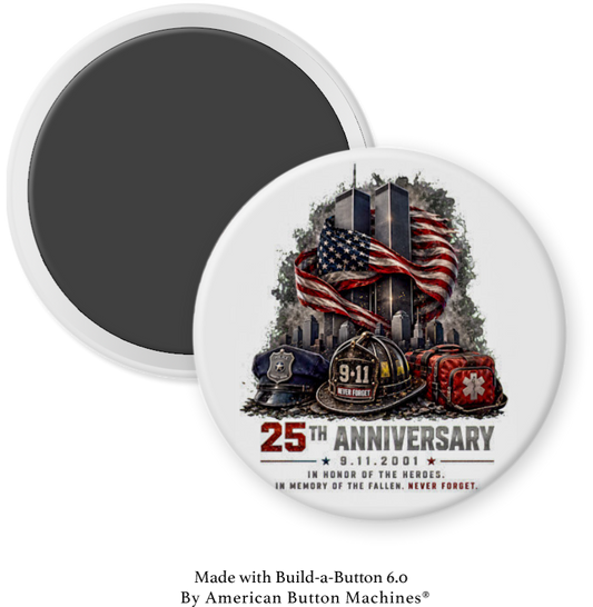 Magnets and Memories 9/11 World Trade Center 25th anniversary refrigerator magnet wrapped in a flag design.