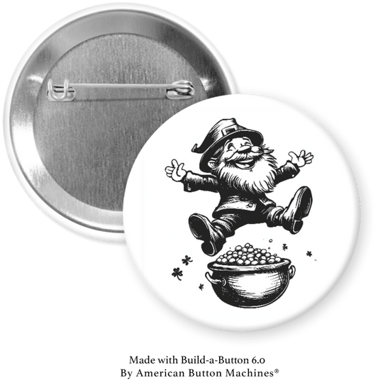 Happy Leprechaun with Pot of Gold in black & white Pinback