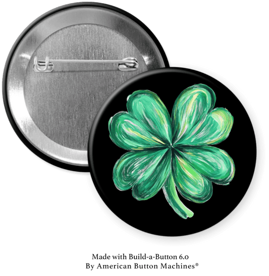 Four Leaf Clover in Green on Black Pinback