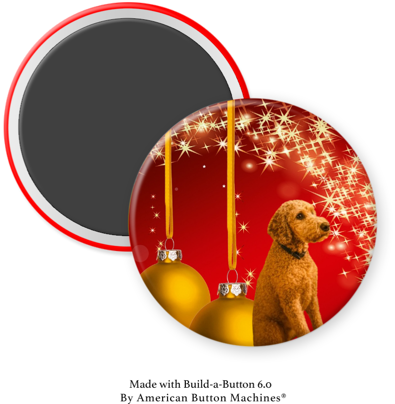 Round button with a dog and Christmas ornaments on a red background