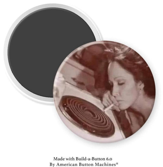 Woman Lighting Cigarette on Stovetop Magnet - Magnets and Memories