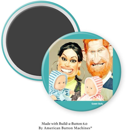 Megan and Harry with Two Dolls Caricature Magnet - Magnets and Memories 