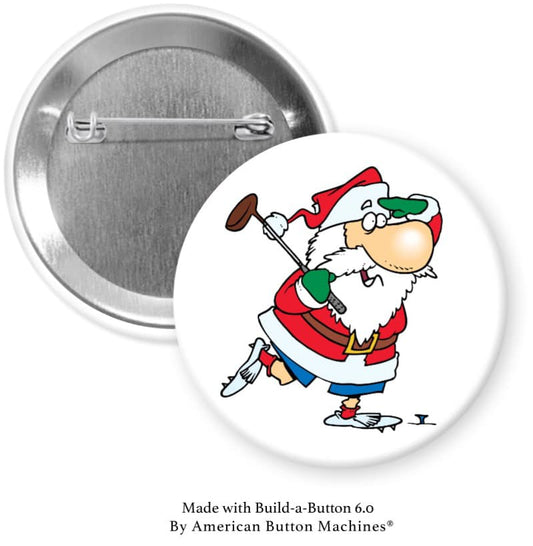 Cartoon Santa Claus Golfing Pinback - Magnets and Memories 