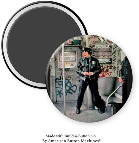 Police Officer on NYC Subway with Graffiti 1970s Magnet - Magnets and Memories 