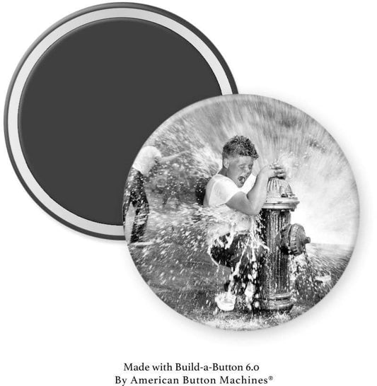 Boy Cooling Off with Fire Hydrant Water Magnet - Magnets and Memories 