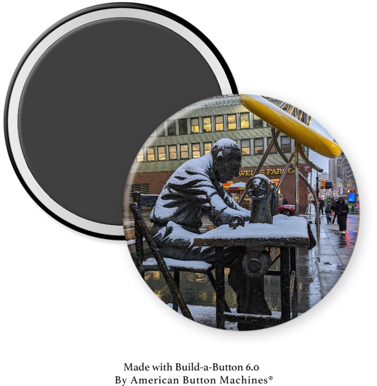 Magnets and Memories Garment District Sewing Statue side magnet, detailed design featuring sewing tools and district imagery.