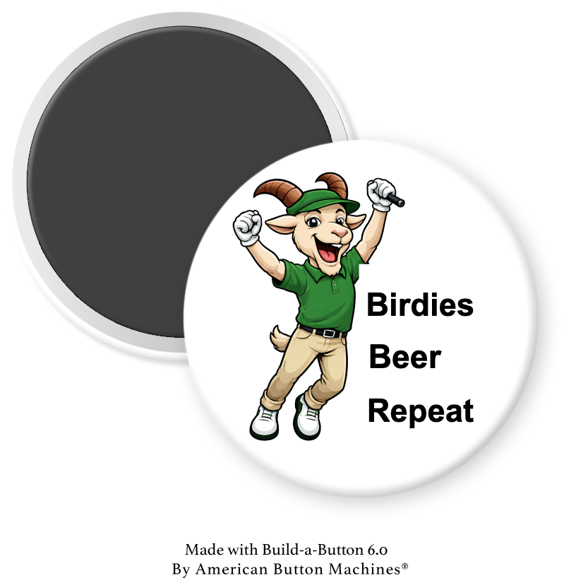 Magnet featuring GOAT Golf logo with "Birdies, Beer, Repeat" text, from Magnets and Memories, on a white background.