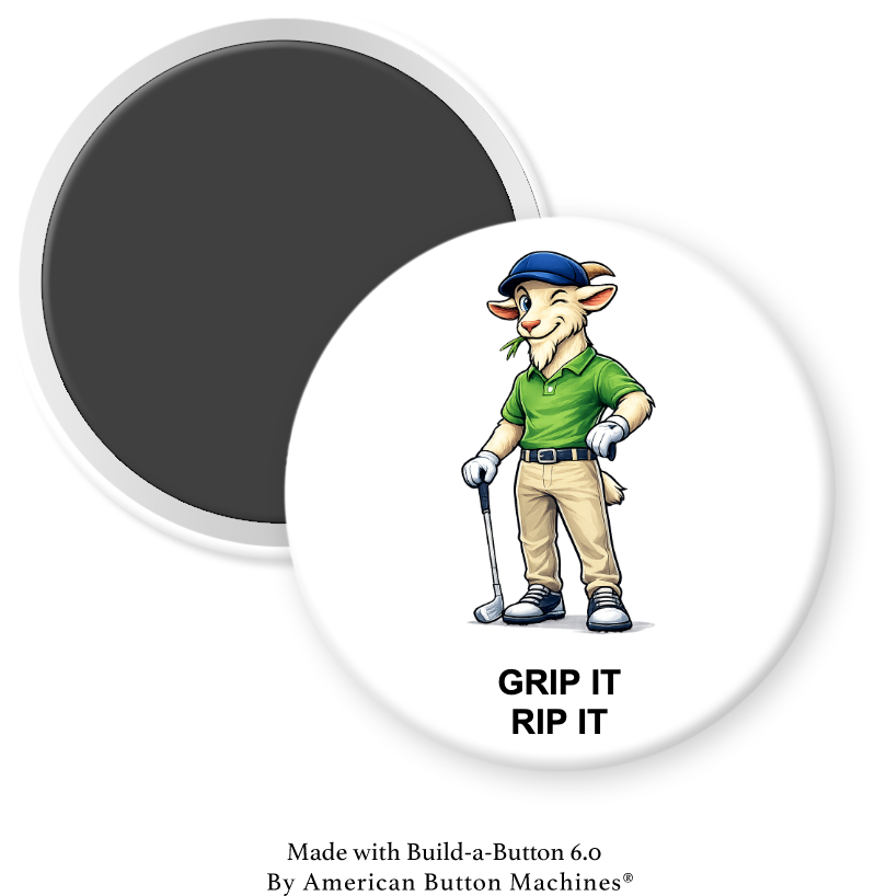 Magnets and Memories GOAT Golf "Grip It. Rip It." magnet featuring golf club and ball design on a white background.