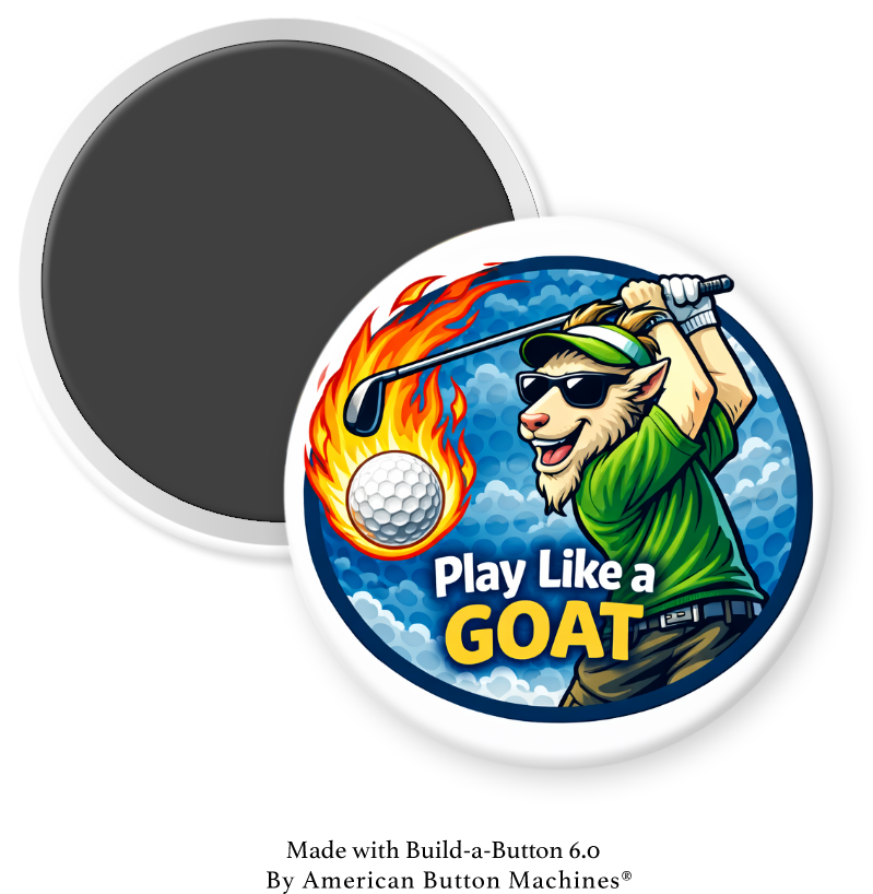 Magnets and Memories GOAT Golf "Play Like a GOAT" fire-themed magnet with bold text and vibrant design.