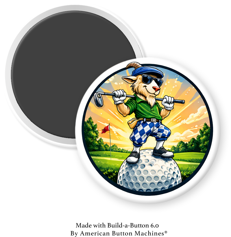 Magnets and Memories GOAT Golf magnet featuring a proud goat on top of the world design, ideal for golf enthusiasts.