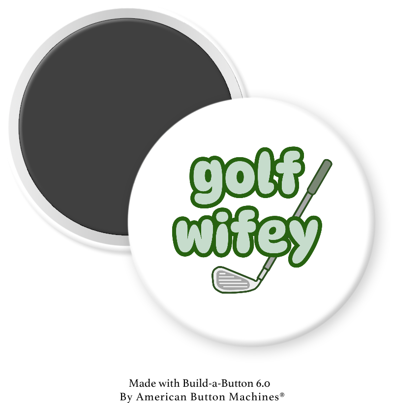 Refrigerator magnet with "Golf Wifey" text from Magnets and Memories, featuring a golf-themed design on a metal magnet.