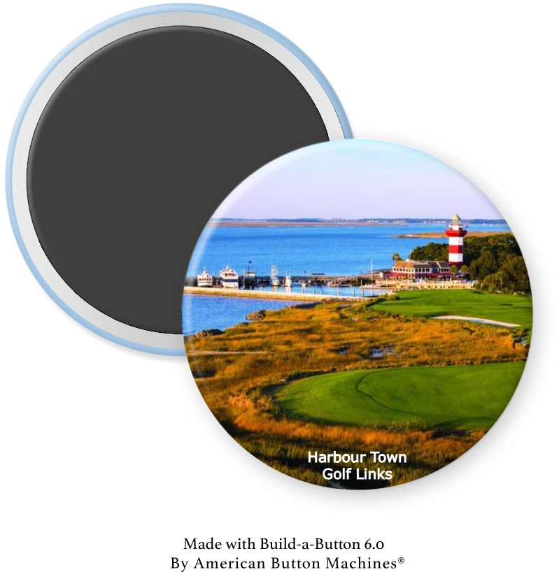 Refrigerator magnet featuring Harbour Town Golf Hole 18 and lighthouse by Magnets and Memories, detailed coastal scene.
