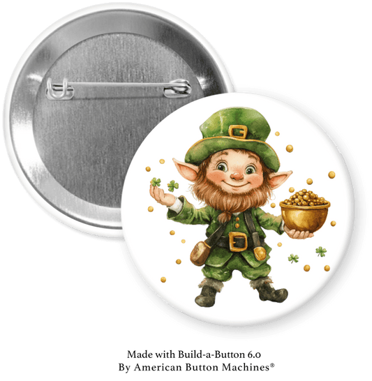 Leprechaun Smiling With Pot of Gold Pinback - Magnets and Memories