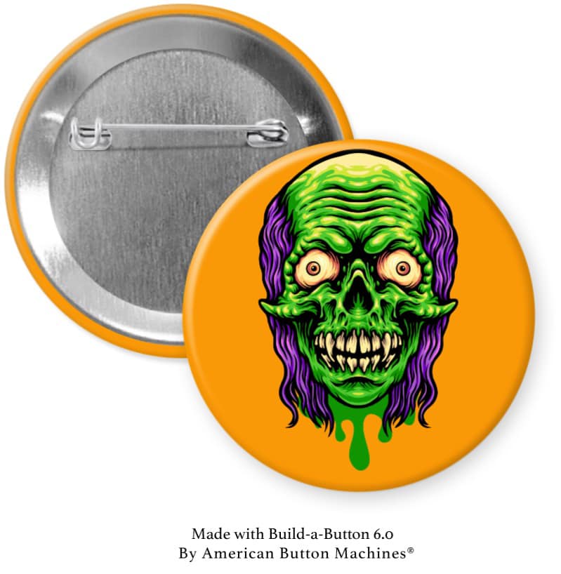 Purple Haired Zombie on Orange Pinback - Magnets and Memories