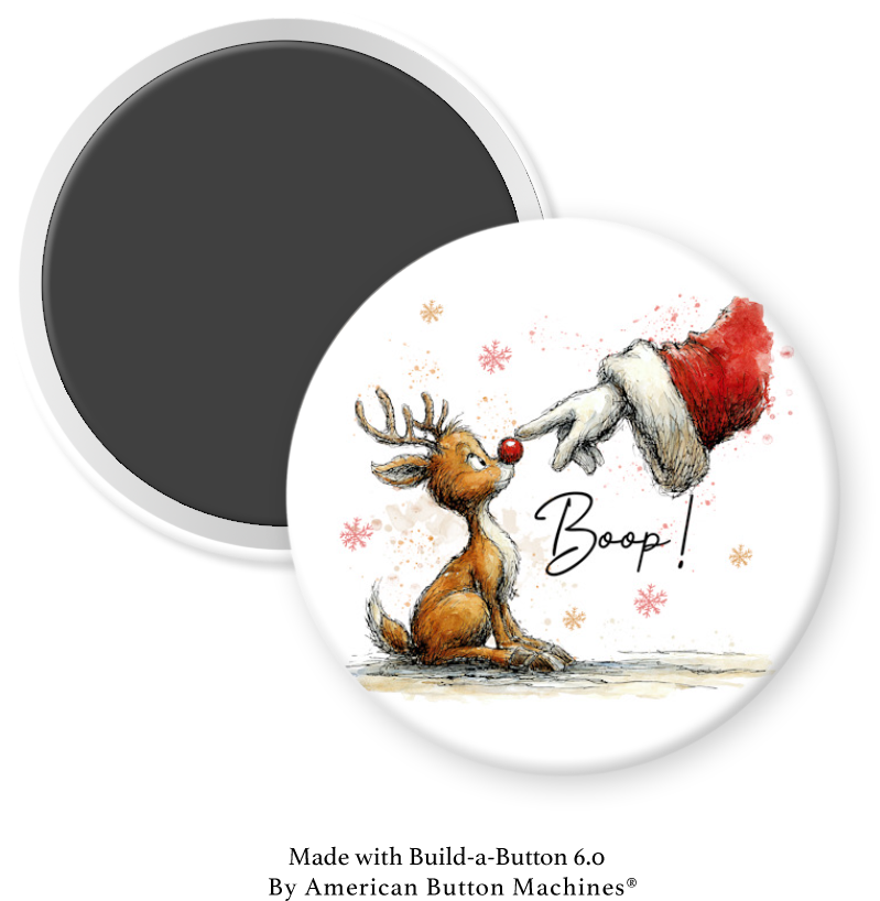 Santa Boops his Reindeer magnet by Magnets and Memories, featuring a festive holiday design with Santa and reindeer.