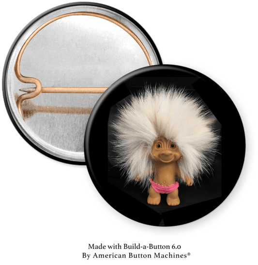 Troll with crazy white hair Pinback - Magnets and Memories
