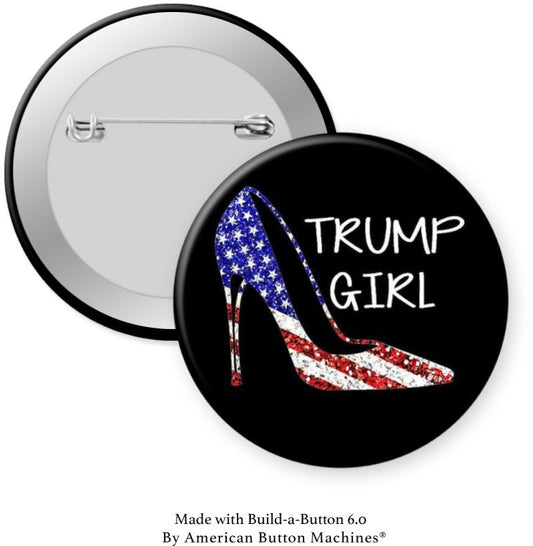 Trump Girl Fancy Flag Shoe on Black Pinback - Magnets and Memories