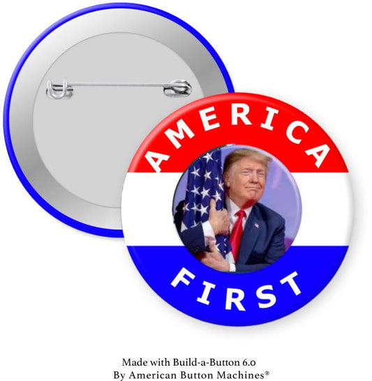 Trump Hugs Flag America First Pinback - Magnets and Memories