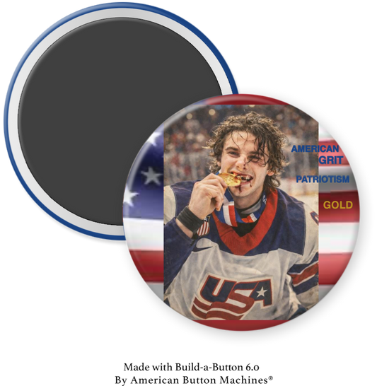 Magnets and Memories USA Olympic Hockey 2026 Jack Hughes with Gold Medal collectible magnet showing Jack Hughes in hockey gear with gold medal