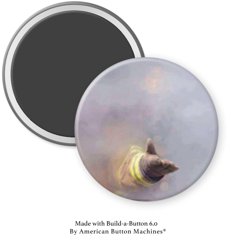 Refrigerator magnet depicting a firefighter's hand reaching out from smoke, by Magnets and Memories.