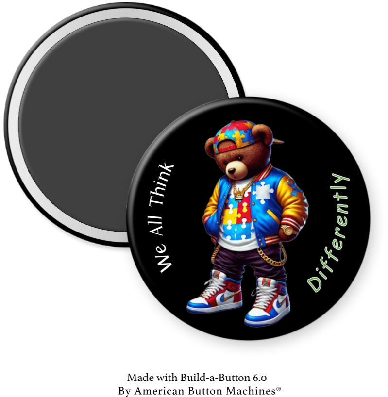 Refrigerator magnet from Magnets and Memories with "We All Think Differently" text, featuring colorful design on a metal surface.
