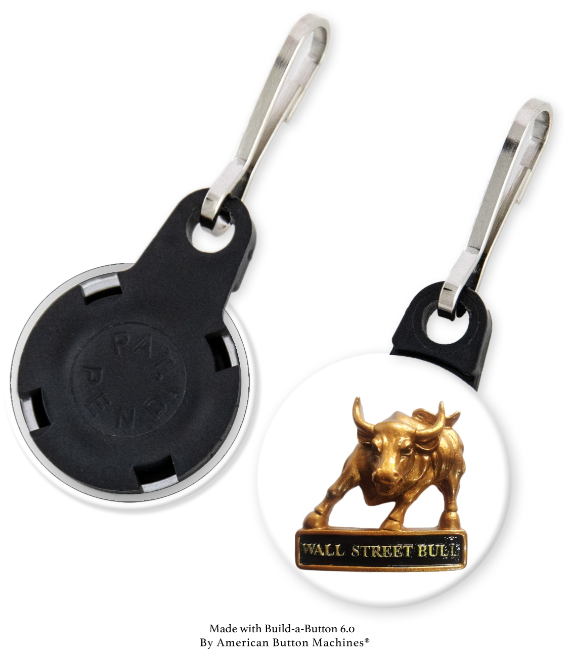 Sample zipper pulls from Magnets and Memories for backpacks, jackets, and bags, designed as refrigerator magnets.