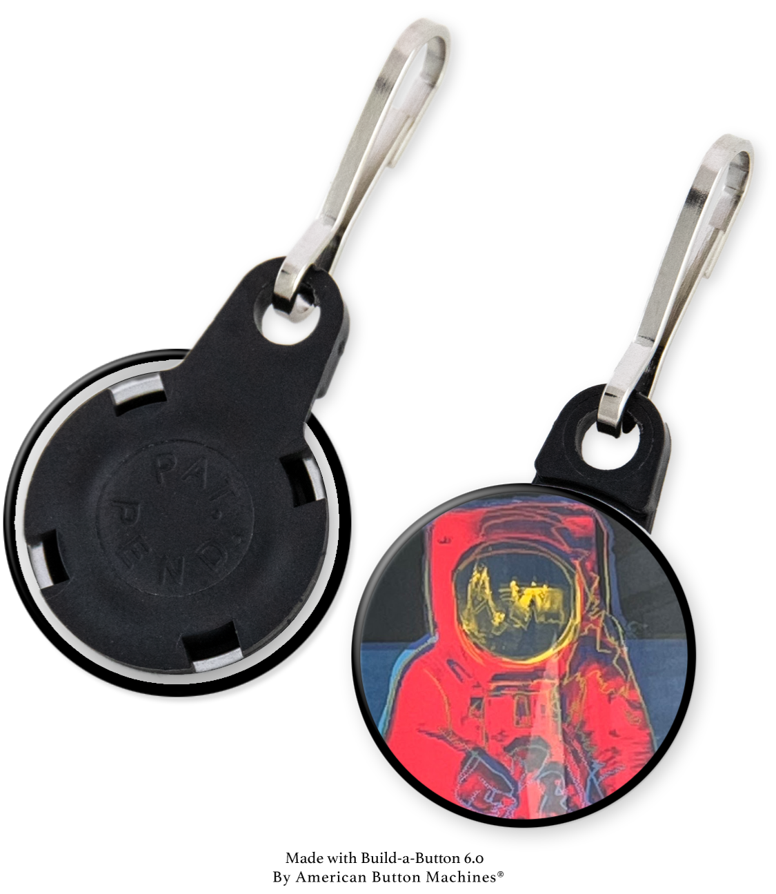 Sample zipper pulls for backpacks, jackets, and bags, featuring refrigerator magnet designs by Magnets and Memories.