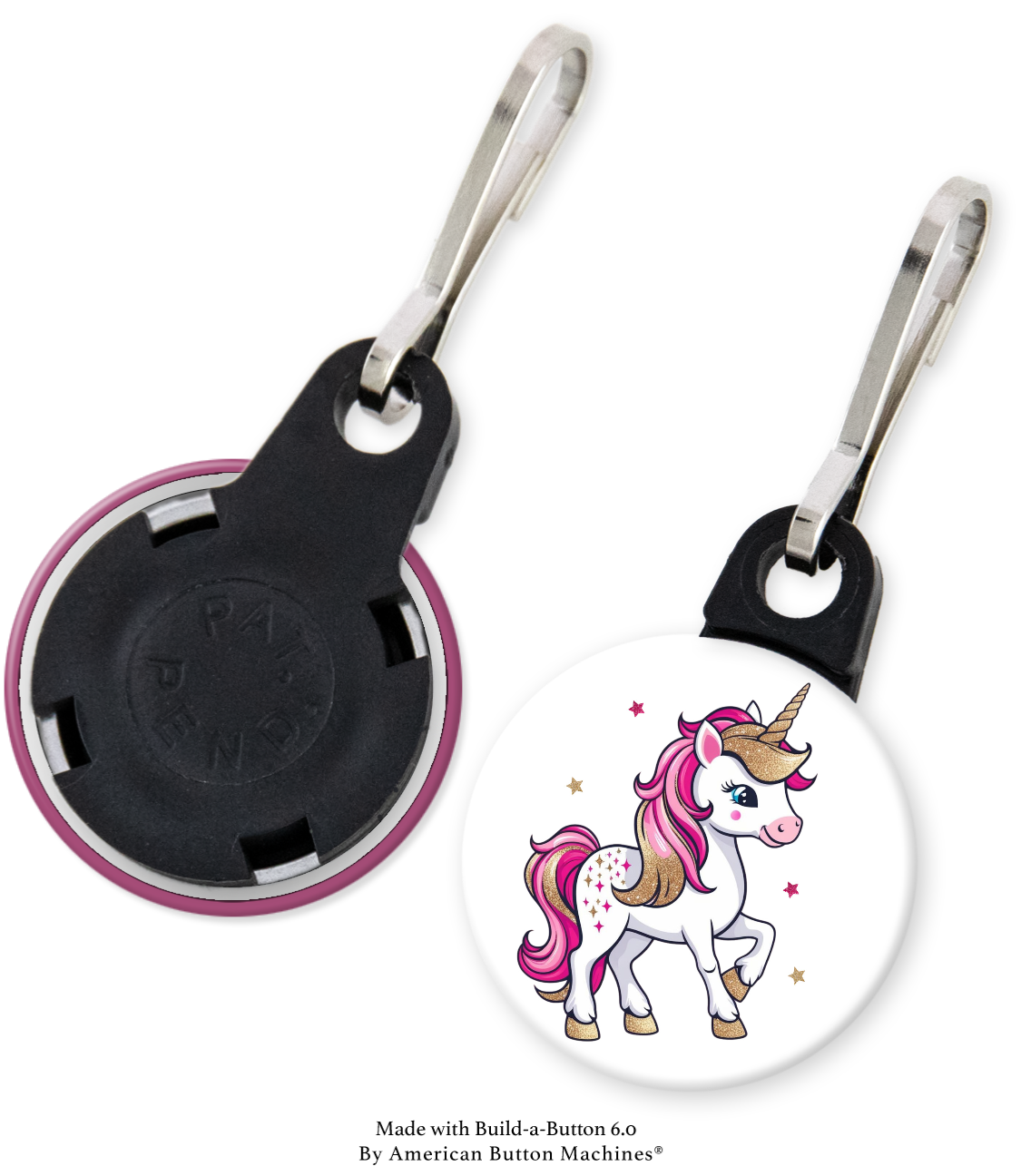 Sample zipper pulls for backpacks, jackets, and bags, made by Magnets and Memories, designed as refrigerator magnets.