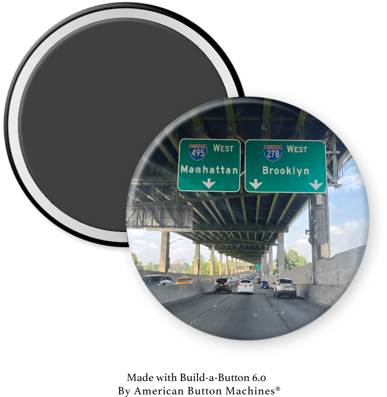 Set of refrigerator magnets featuring Manhattan and Brooklyn Bridges highway signs by Magnets and Memories, realistic bridge sign designs.