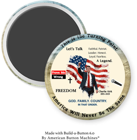 Charle Kirk Challenge Coin refrigerator magnet by Magnets and Memories, featuring detailed design and durable metal construction.
