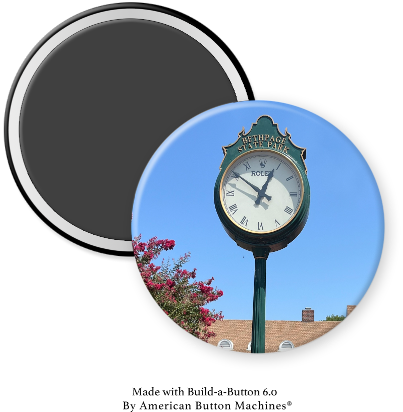Refrigerator magnet featuring a clock design with Bethpage State Park in New York, by Magnets and Memories.