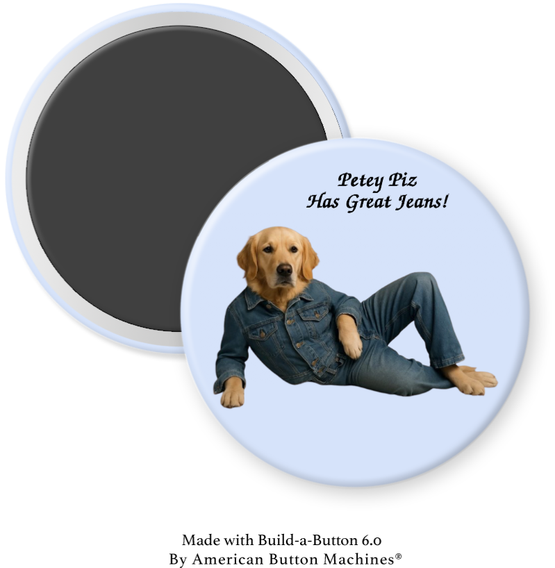 Refrigerator magnet featuring a dog in jeans from Magnets and Memories, showcasing playful dog-themed decor.