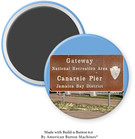 Magnets and Memories refrigerator magnet featuring the Gateway to Canarsie Pier and Jamaica Bay sign, with vibrant cityscape design.