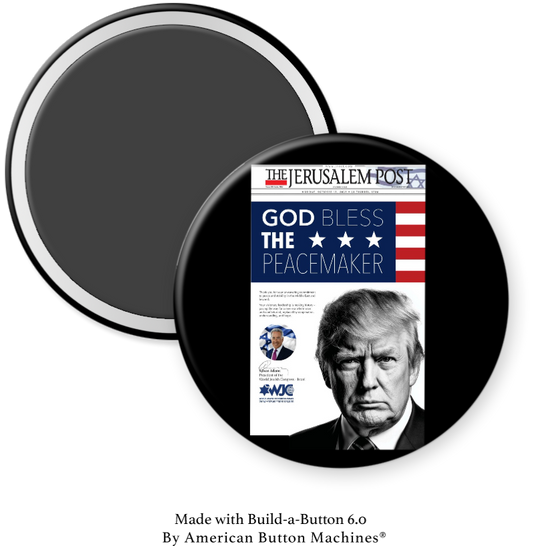 Refrigerator magnet from Magnets and Memories featuring "God Bless the Peacemaker" Jerusalem Post front page design.