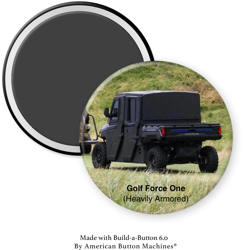 Golf Force One refrigerator magnet by Magnets and Memories featuring a detailed design of a secret service fleet vehicle.