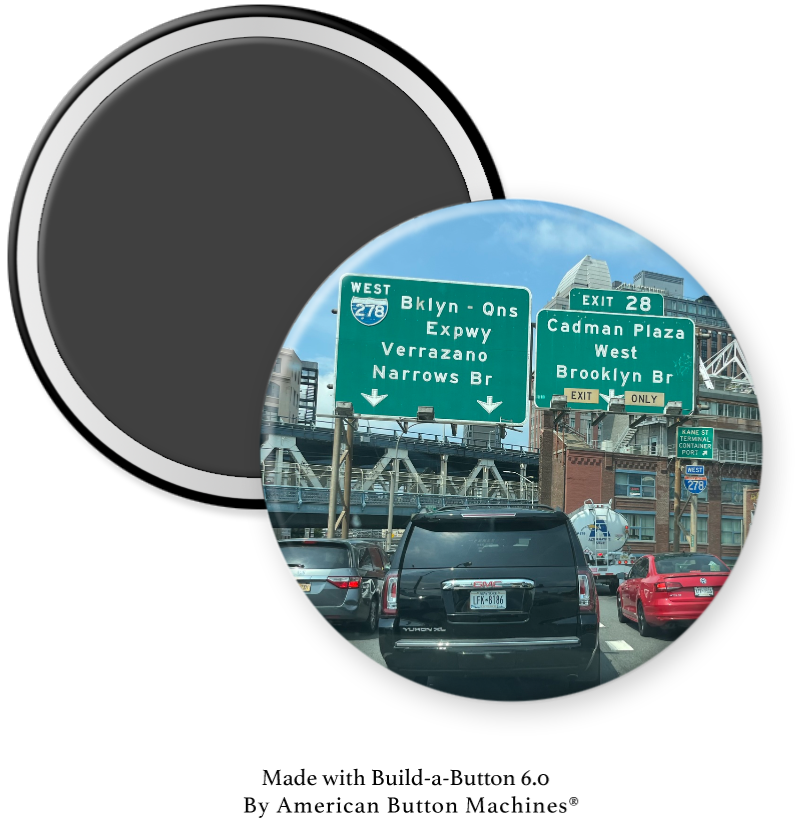 Refrigerator magnet featuring a highway sign with the Split BQE, Verrazano Bridge, and Brooklyn Bridge by Magnets and Memories