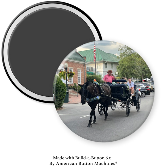 Magnet featuring a horse and carriage ride scene in Pinehurst, made by Magnets and Memories, designed for refrigerator decoration.